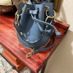 Blue Leather Mini Drawstring Bucket Bag with Gold Chain